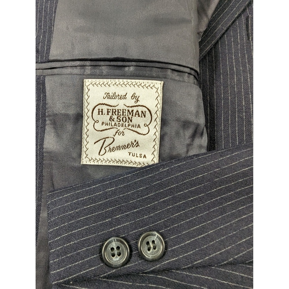 44L H. Freeman 100% WOOL Navy Blue Pin‎ Stripe Coat Blazer Jacket Excellent